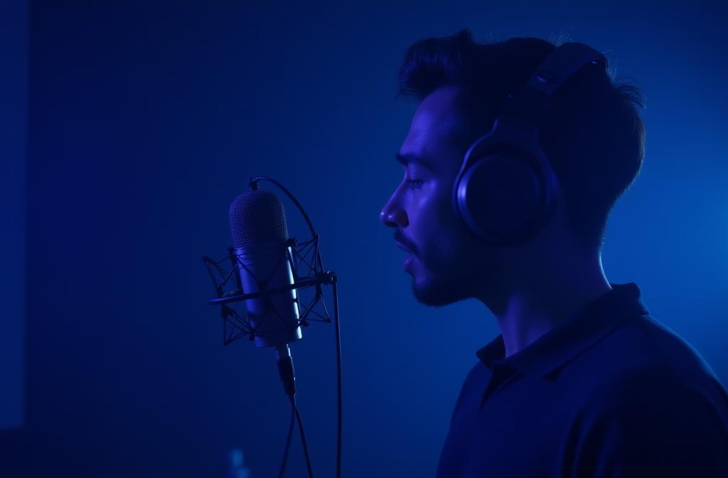Person speaking into a professional microphone with headphones, representing podcast creation.